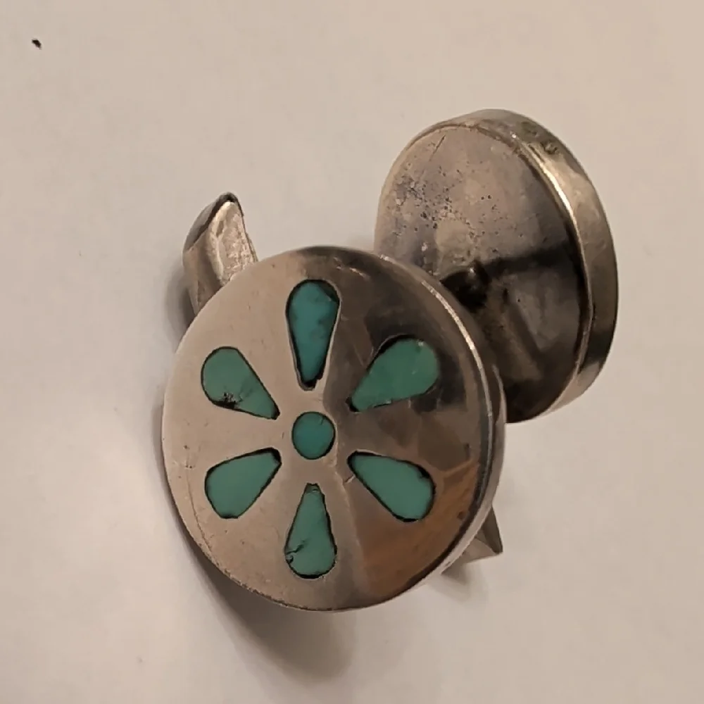 Vintage Sterling Silver Cufflinks with Turquoise Floral Inlay